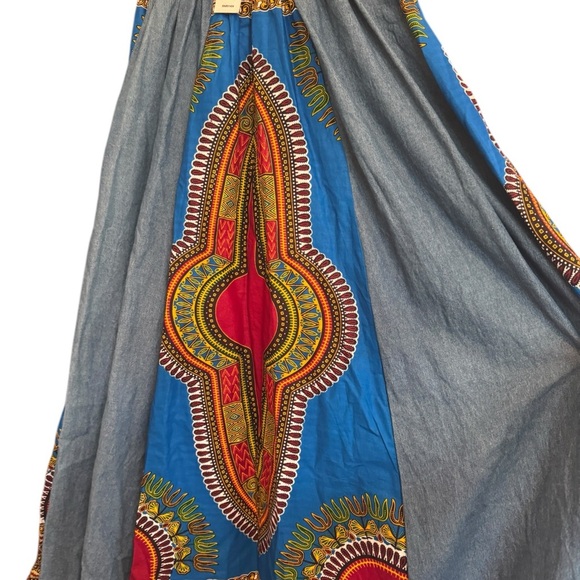 African Dashiki Maxi Skirt Festival Boho One Size Patchwork Denim & Ankara Print - Picture 4 of 6